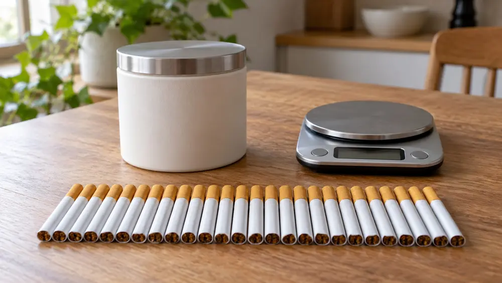 Pot de tabac et rangée de cigarettes tubées (illustration générée par IA)