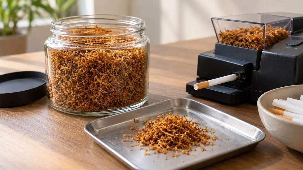 Tabac à tuber émietté dans un pot ouvert (illustration générée par IA)