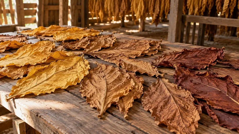 Feuilles de tabac séchées de différentes couleurs (illustration générée par IA)